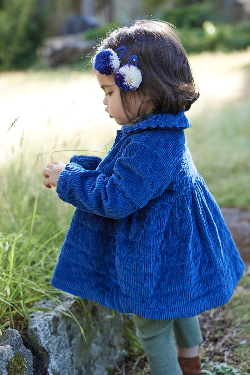 baby girl wearing blue cotton corduroy tufted blouse coat shirt