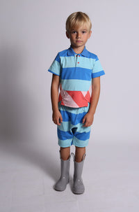 boys, relaxed fit, loose fit, shorts, knee length, elastic waist, jersey, stripe, blue, model photo