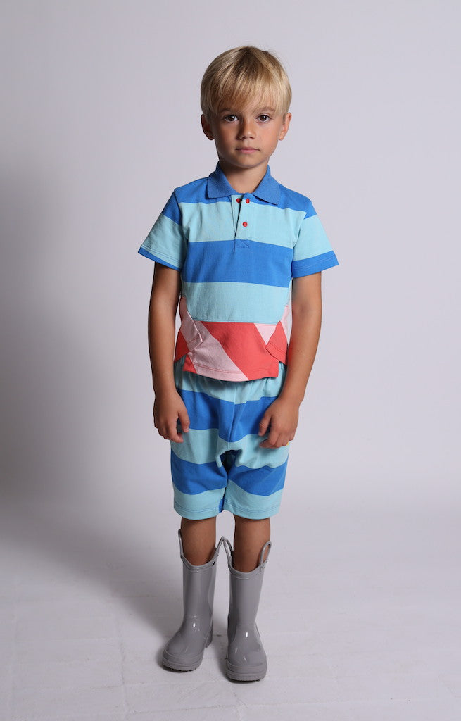 boy wearing polo shirt, blue, red, pink, stripes short sleeve, skewed hem, front