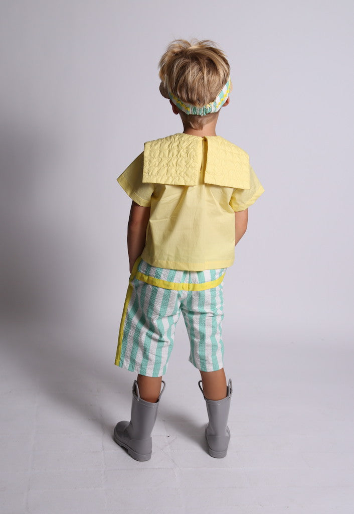 boys, Bermudas, shorts, seersucker, yellow detail, green, white, stripe, elastic waist, model photo  Edit alt text