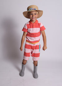 red, pink, stripe, jersey, polo, short sleeve, boys, yellow hem, snap buttons, model photo