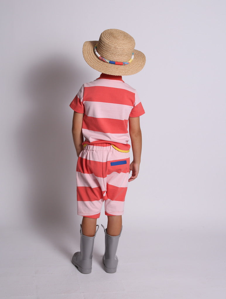 boys, relaxed fit, loose fit, shorts, knee length, elastic waist, jersey, stripe, pink, red, model photo