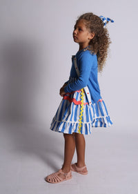 seersucker, multicolor, stripe, rainbow, pink, blue, red, yellow, ric rac, criss cross, skirt, elastic waist, model photo