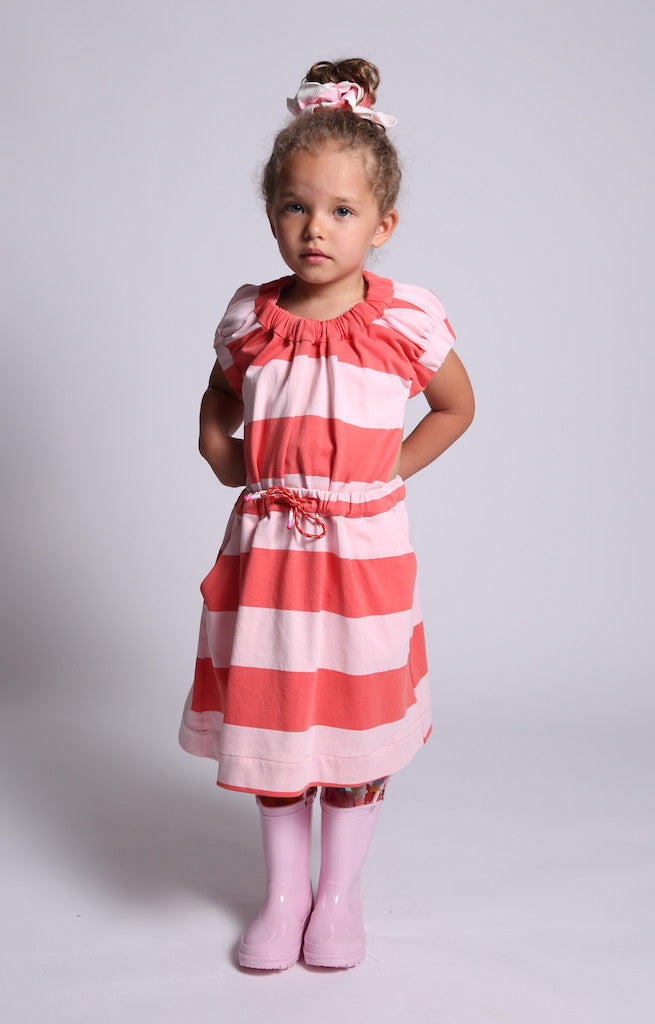 girls, dress, jersey, stripe, pink, red, ruched, open back, waist tie, pinafore, model photo
