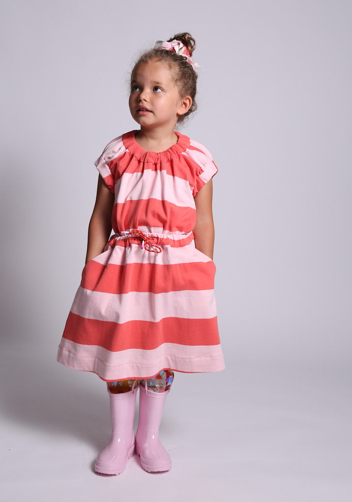 girls, dress, jersey, stripe, pink, red, ruched, open back, waist tie, pinafore, model photo