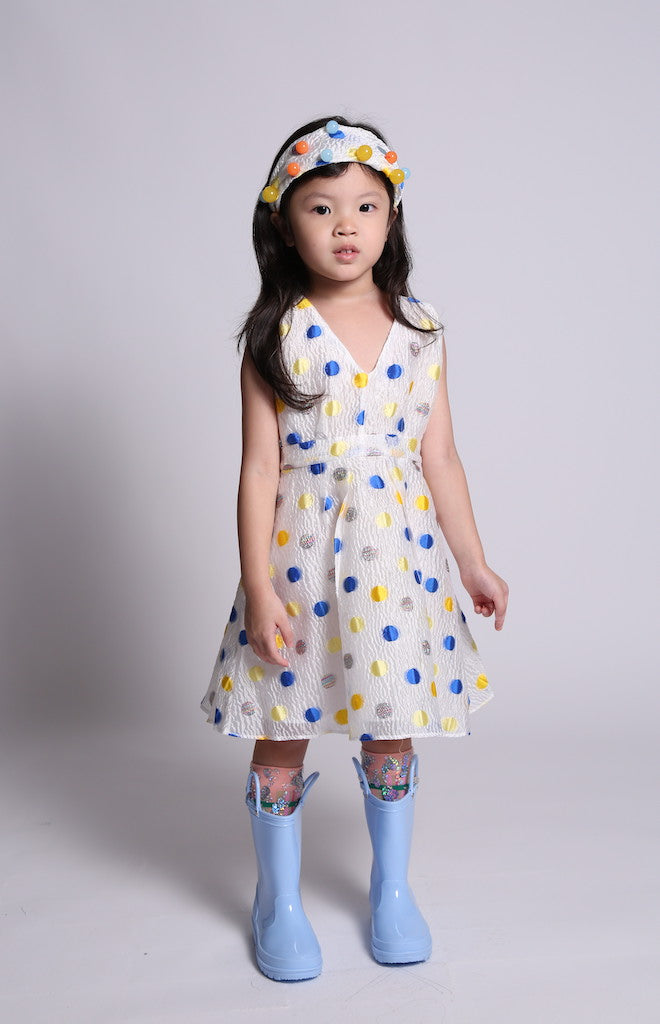 girls, dress, pinafore, polka dot, blue yellow, white, sleeves, v neck, girls model front