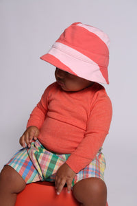 baby hat, stripe, jersey, cinched, pink, red, model photo