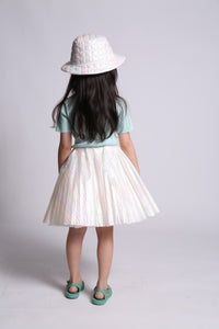 girls, skirt, white, shiny, iridescent, rainbow, pastel, pleated, skirt, knee length, nylon, model photo