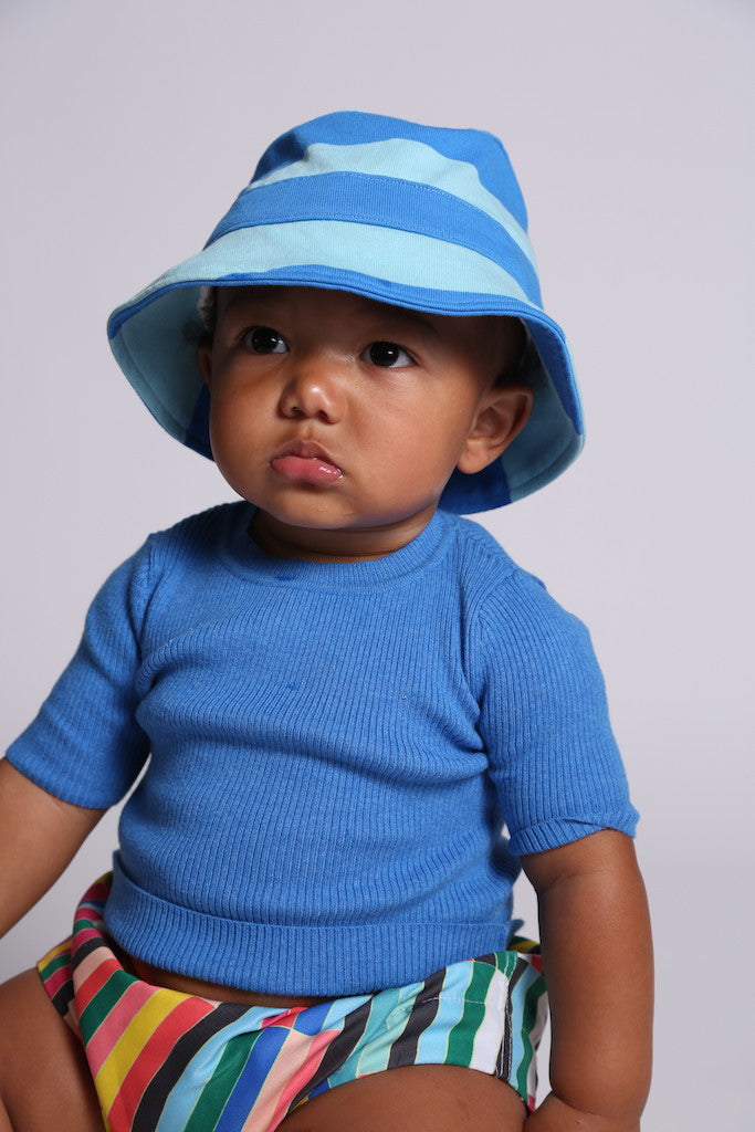 baby hat, stripe, jersey, cinched, blue, model photo