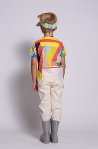 boys, patchwork, pattern, shirt, short sleeve, henley, rainbow, print, snap button, model photo