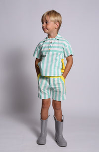 boys, green, stripe, white, polo, shirt, seersucker, short sleeve, snap buttons, yellow detail, model photo