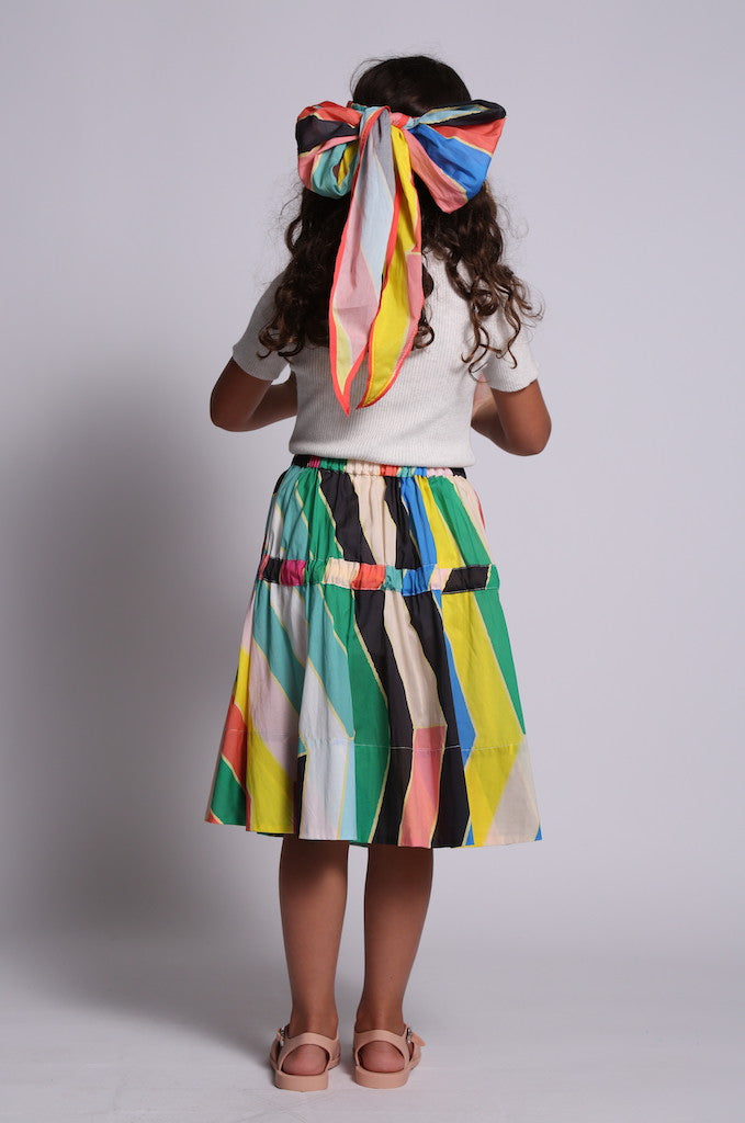 model photo, skirt, ribbon, tie, bustled, stripe, girls, knee length, rainbow, yellow