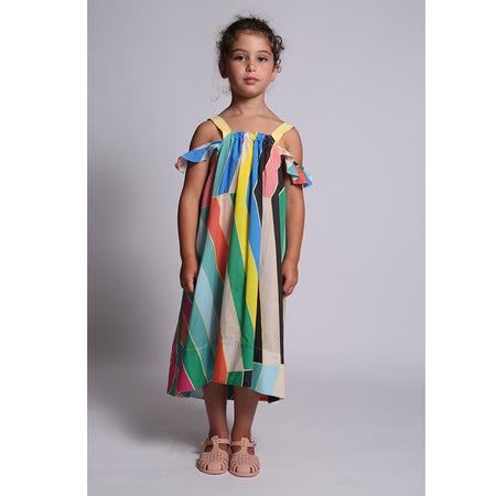 maxi, dress, stripe, rainbow, girls, ruffle, sleeveless, suspended, stripe, model photo