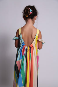 maxi, dress, stripe, rainbow, girls, ruffle, sleeveless, suspended, stripe, model photo