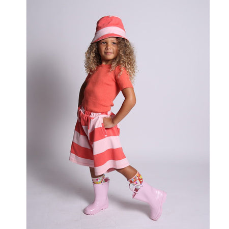 girls, shorts, skort, stripe, pink, red, coral, elastic waist, model photo
