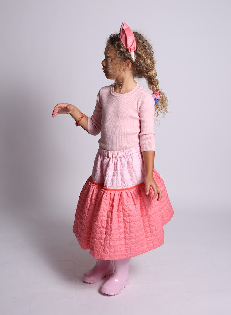 girls, skirt, pink, petal, tufted, two-tone, long skirt, model photo