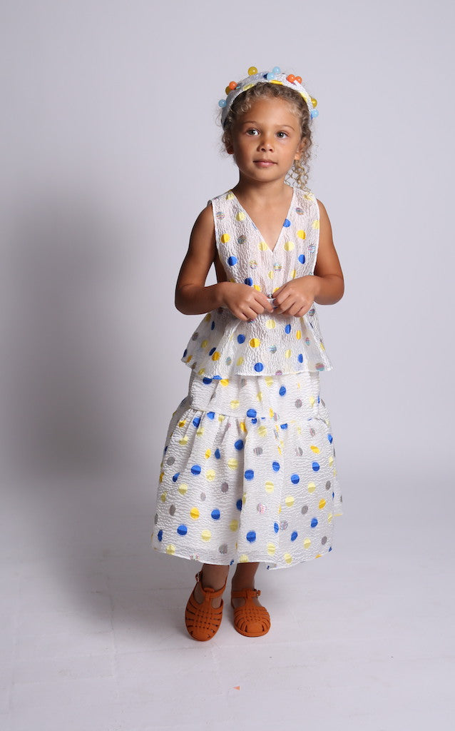 apron, top, sleeveless, girls, polka dot, blue, yellow, white, girls model front