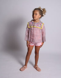 girls, top, blouse, shirt, purple, rainbow, mesh, tulle, ric rac trim, yellow, sailor, collar, sequins, model photo