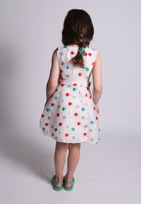 girls, dress, pinafore, polka dot, white, pink, red, teal, lined, sleeveless, v neck, girls model back