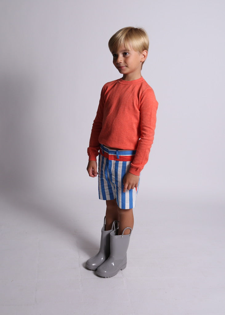 boys, shorts, stripe, seersucker, red detail, blue, white, model photo