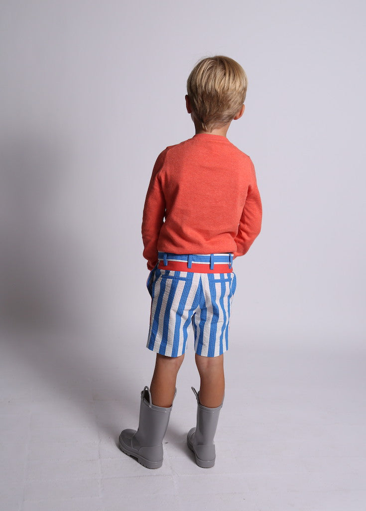 boys, shorts, stripe, seersucker, red detail, blue, white, model photo