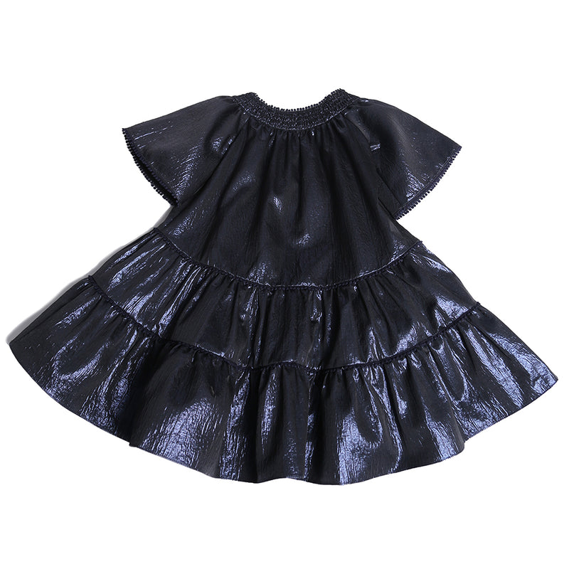 girls short sleeve maxi gown dress in navy blue shiny polyester fabric
