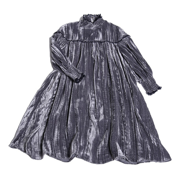 girls long sleeve frock dress with smocked mock neck in grey silk velvet