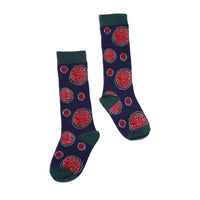 dark blue socks with red pomegranate design