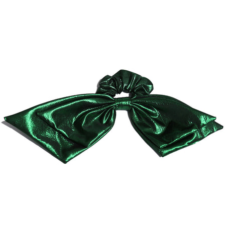 green scrunchie hair tie with tassels in shiny fabric