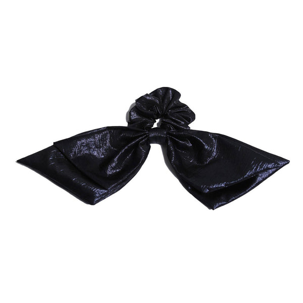 dark blue scrunchie hair tie in shiny polyester fabric