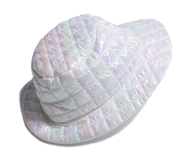 bucket hat, tufted, white, iridescent, stripes, rainbow, shiny, nylon, unisex