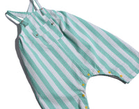 baby, seersucker, onesie, one piece, overalls, snap bottoms, front pocket, button, stripe, green, white