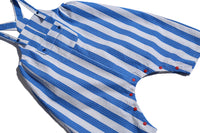 baby, seersucker, onesie, one piece, overalls, snap bottoms, front pocket, button, stripe, blue, white