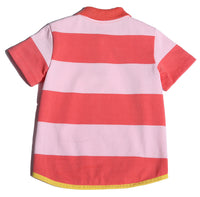 boys, short sleeve polo shirt, snap buttons, yellow hem, high-low hem, red, pink, stripes, back