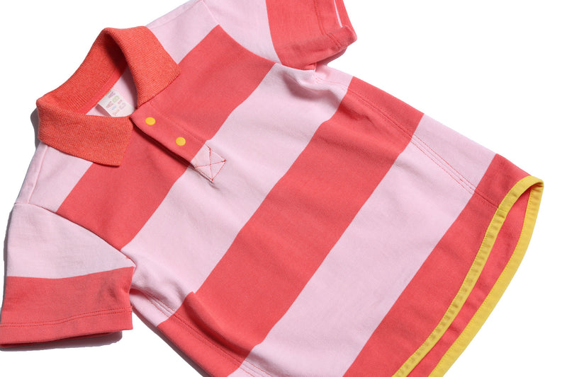 boys, short sleeve polo shirt, snap buttons, yellow hem, high-low hem, red, pink, stripes, detail