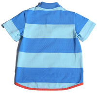 boys, short sleeve polo shirt, red hem, blue, stripes, back