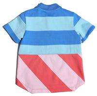 boys, short sleeve, polo shirt, stripes, blue, red pink, skewed hem, patchwork, back