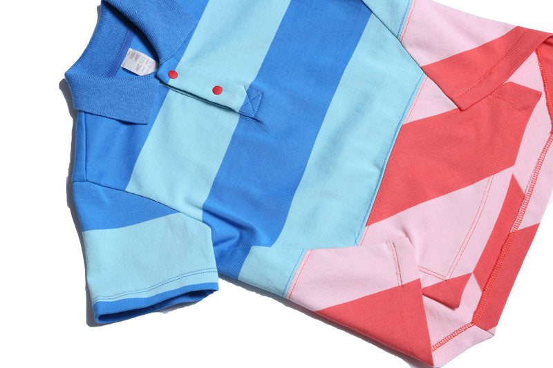 boys, short sleeve, polo shirt, stripes, blue, red pink, skewed hem, patchwork, detail