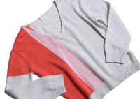 unisex, sweater, pullover, v-neck, red, stripe, pink, white, detail