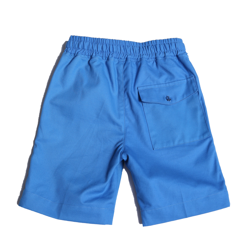 blue shorts, elastic waistband, boys, back, pocket