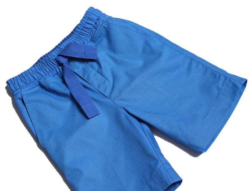 blue shorts, elastic waistband, boys, detail