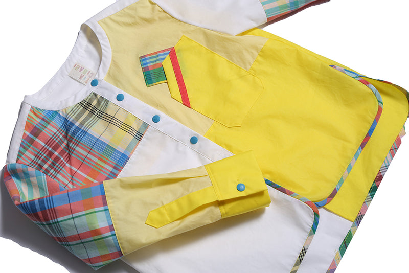 boys henley top, yellow, plaid, patchwork, detail