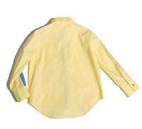 yellow button down dress shirt, blue detailing, snap buttons, back, boys