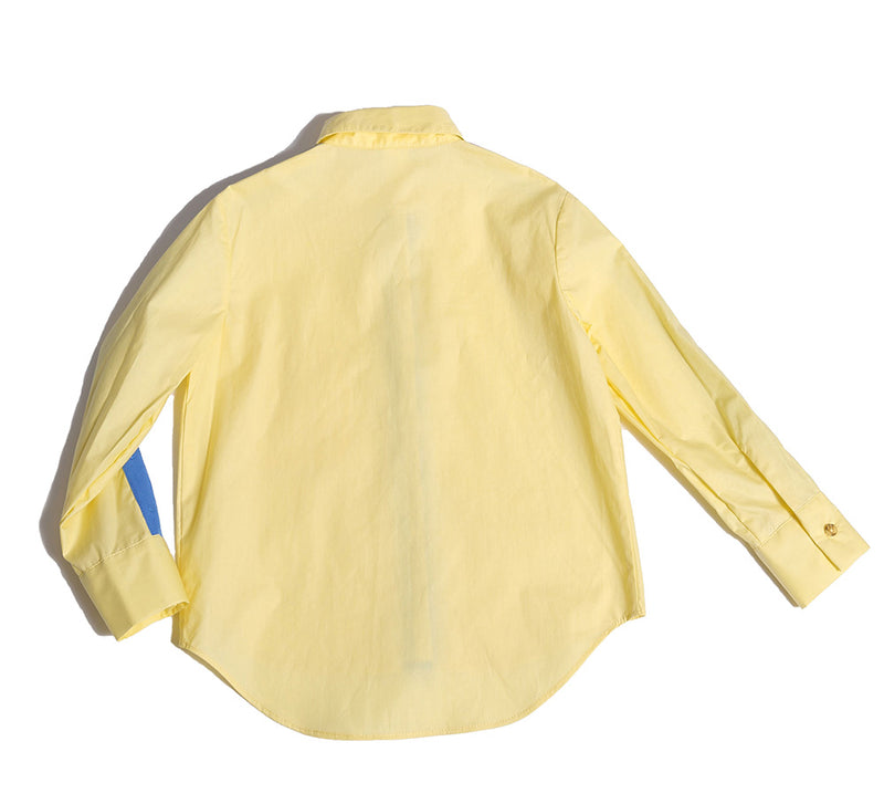 yellow button down dress shirt, blue detailing, snap buttons, back, boys