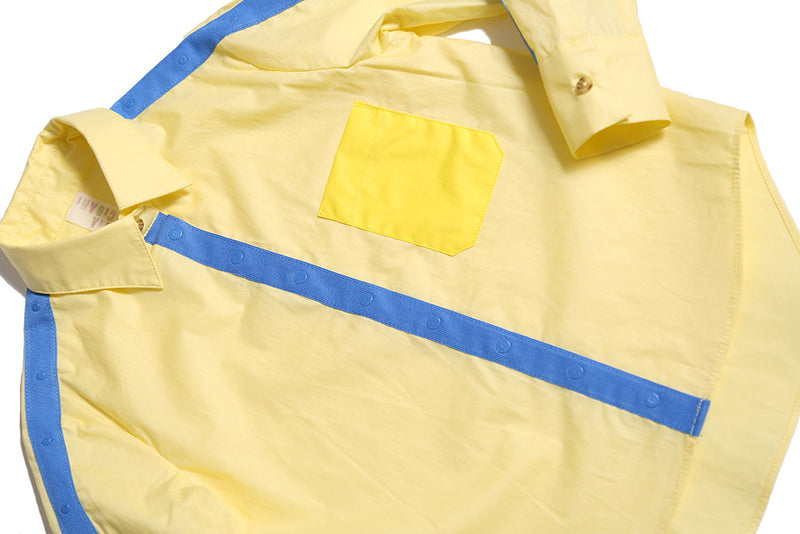 yellow button down dress shirt, blue detailing, snap buttons, detail, boys