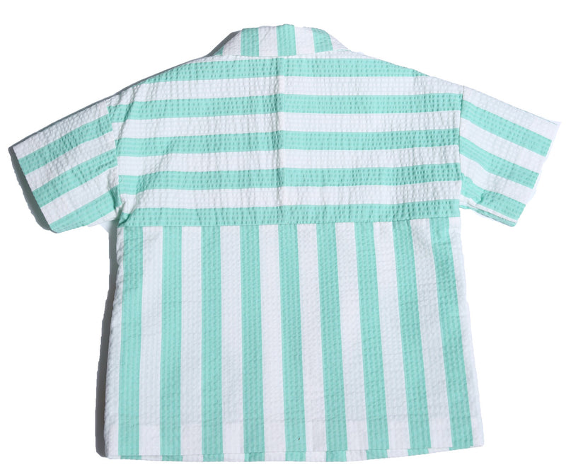 boys, short sleeve, polo shirt, snap buttons, pockets, green, stripes, back