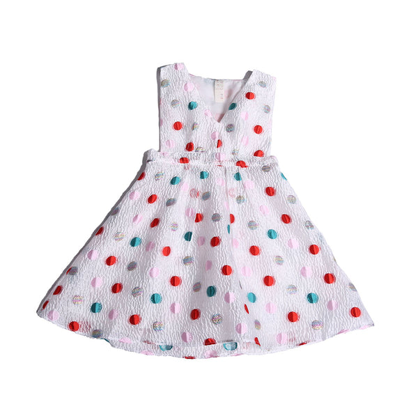 girls, dress, pinafore, polka dot, white, pink, red, teal, lined, sleeveless, v neck, front