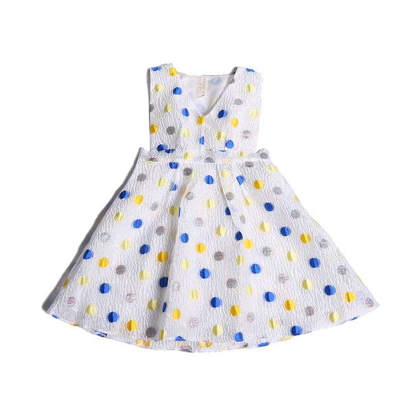 girls, dress, pinafore, polka dot, blue yellow, white, sleeves, v neck, front
