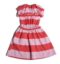 girls, dress, jersey, stripe, pink, red, ruched, open back, waist tie, pinafore