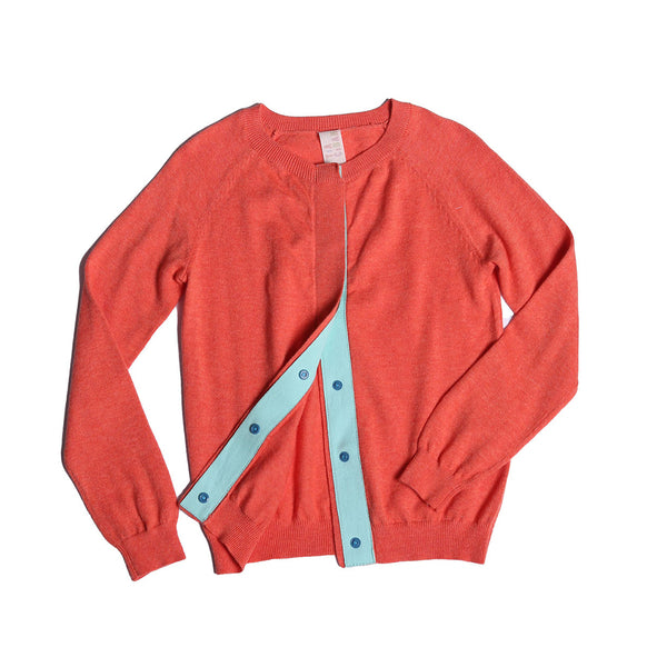 coral, cardigan, sweater, knit, blue detail, snap buttons, red